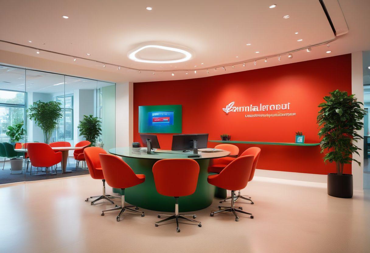 A futuristic insurance agency with vibrant chili-red and leafy green accents, showcasing a friendly advisor interacting with diverse clients. Visualize elements representing tailored coverage solutions like customized policies and innovative technology displays. Incorporate a serene atmosphere with soft lighting and abstract representations of security and peace of mind. style: super-realistic. vibrant colors.