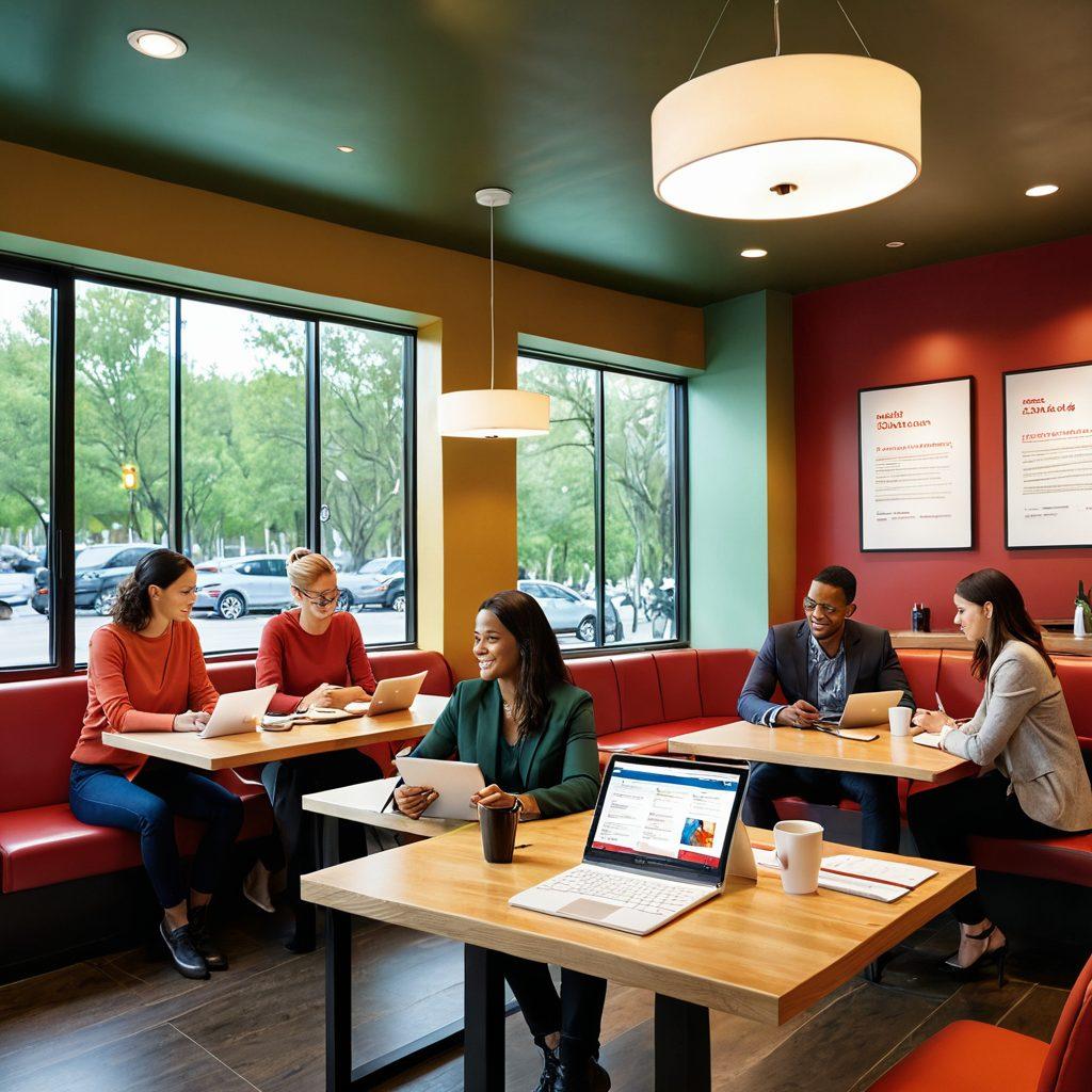 A detailed illustration showcasing a diverse group of people discussing insurance options at a modern café table, with personal and commercial coverage documents spread out, and a digital tablet displaying an insurance app. The ambiance is warm and inviting, emphasizing a sense of trust and clarity in understanding insurance. Include elements of Chiliwich's branding subtly integrated in the background. vibrant colors. modern style.