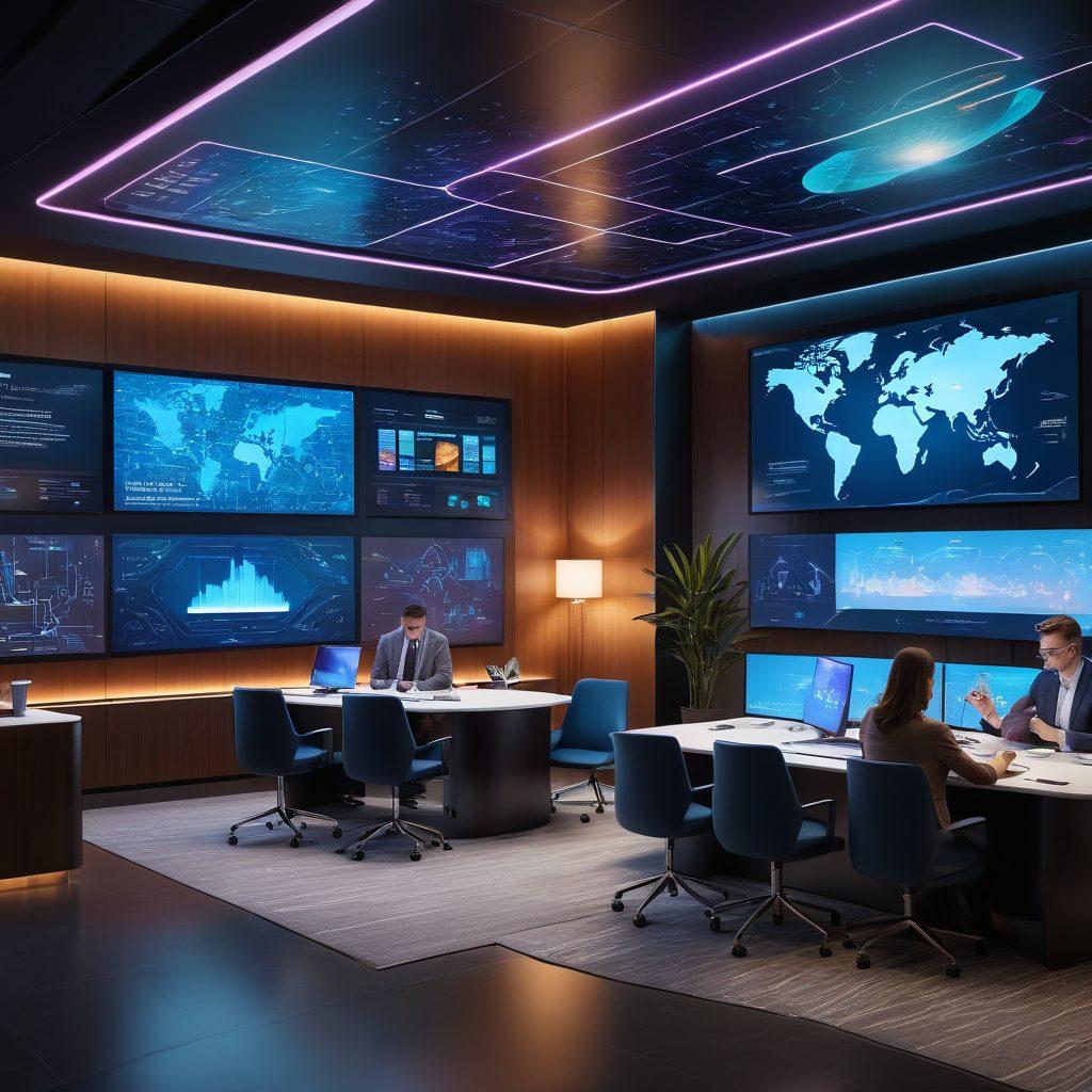 A futuristic insurance office featuring advanced technology, digital interfaces, and diverse team members collaborating. Showcase virtual reality tools displaying innovative coverage options and a holographic map of global insurance services. Include warm lighting and modern furniture to convey a welcoming atmosphere. Illustrate tech-savvy individuals discussing solutions with animated screens highlighting data insights. super-realistic. vibrant colors. futuristic style.